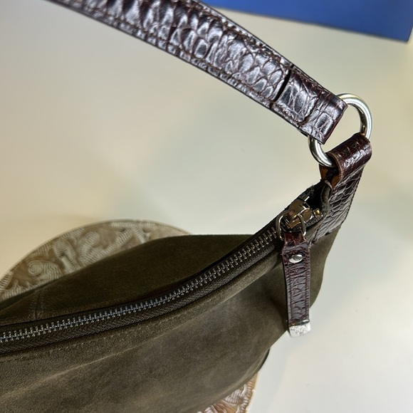 RALPH LAUREN GREEN SUEDE LEATHER, ANIMAL PRINT LEATHER STRAPS PURSE - Picture 4 of 14